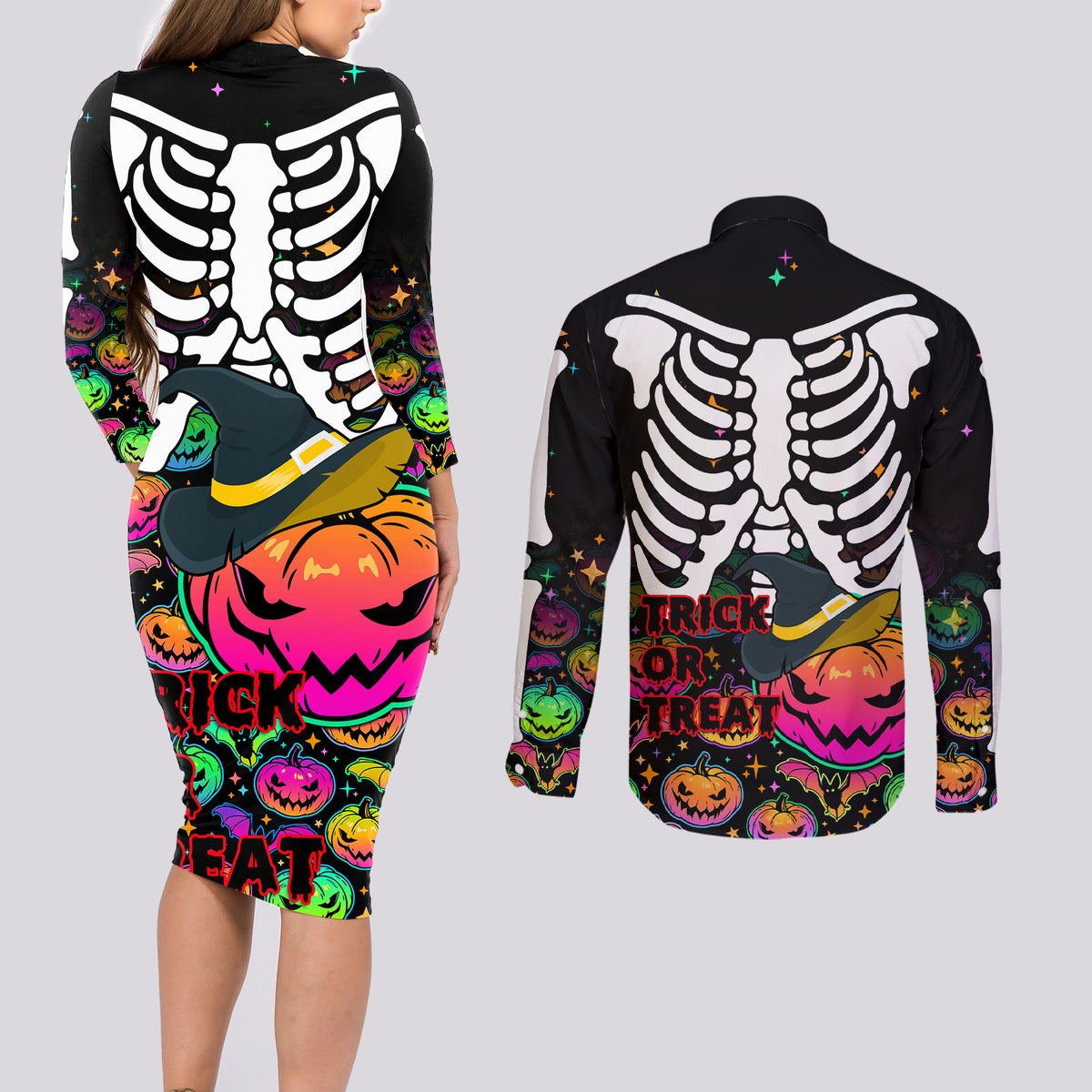 Halloween Skeleton Couples Matching Long Sleeve Bodycon Dress and Long Sleeve Button Shirts Trick or Treat Witch Pumpkin Colorful - Wonder Print Shop