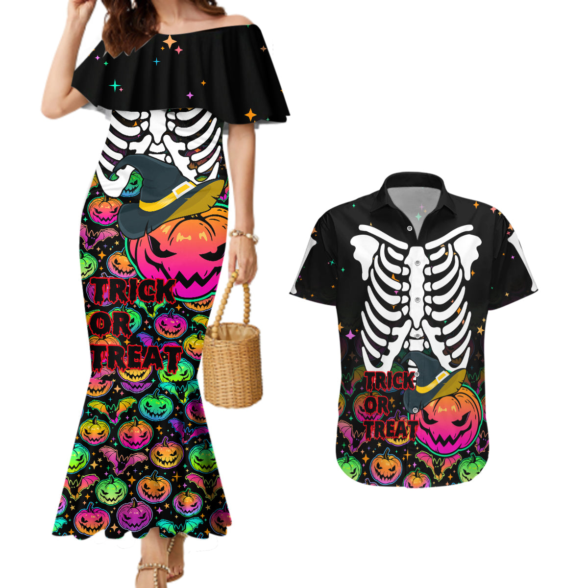 Halloween Skeleton Couples Matching Mermaid Dress and Hawaiian Shirt Trick or Treat Witch Pumpkin Colorful - Wonder Print Shop