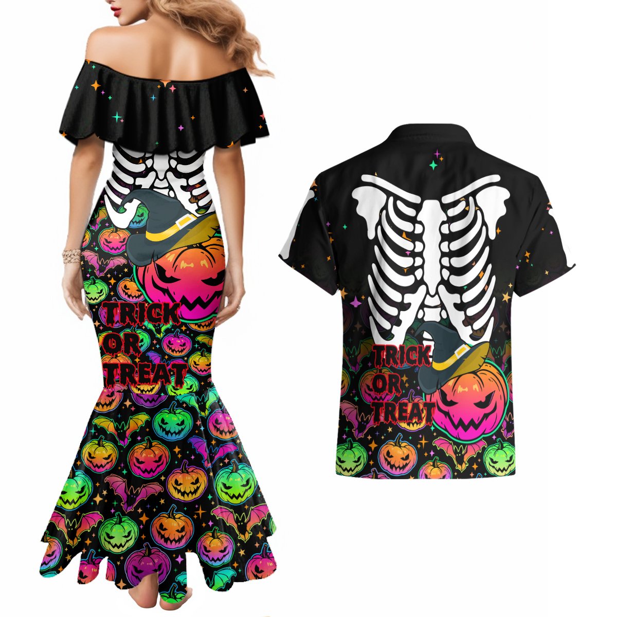 Halloween Skeleton Couples Matching Mermaid Dress and Hawaiian Shirt Trick or Treat Witch Pumpkin Colorful - Wonder Print Shop