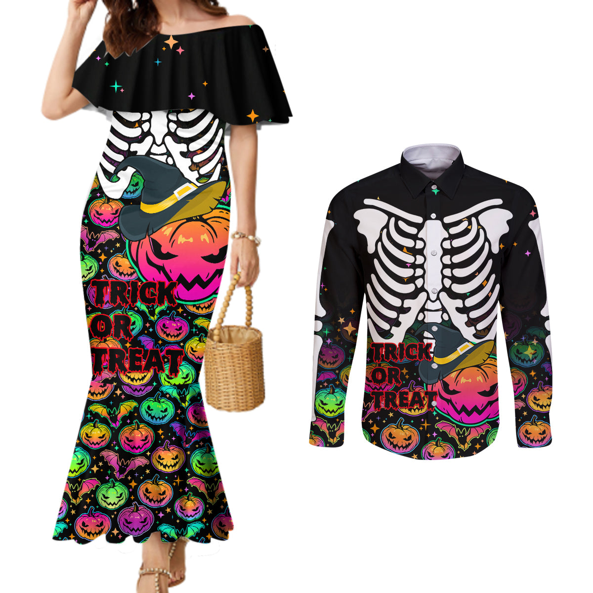 halloween-skeleton-couples-matching-mermaid-dress-and-long-sleeve-button-shirts-trick-or-treat-witch-pumpkin-colorful