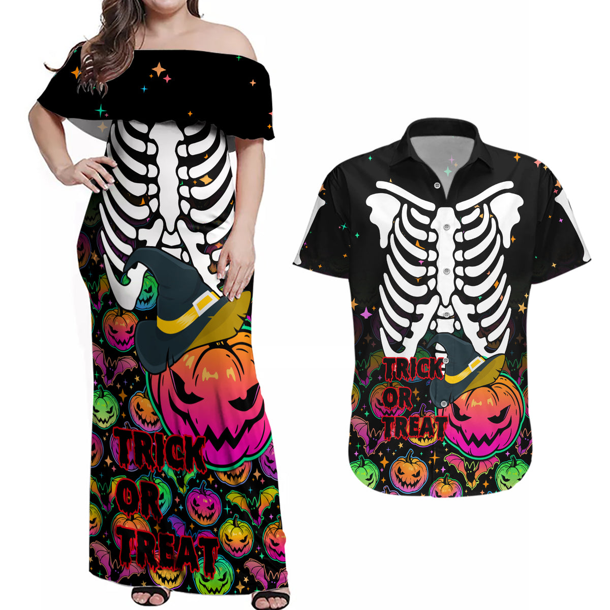 Halloween Skeleton Couples Matching Off Shoulder Maxi Dress and Hawaiian Shirt Trick or Treat Witch Pumpkin Colorful - Wonder Print Shop