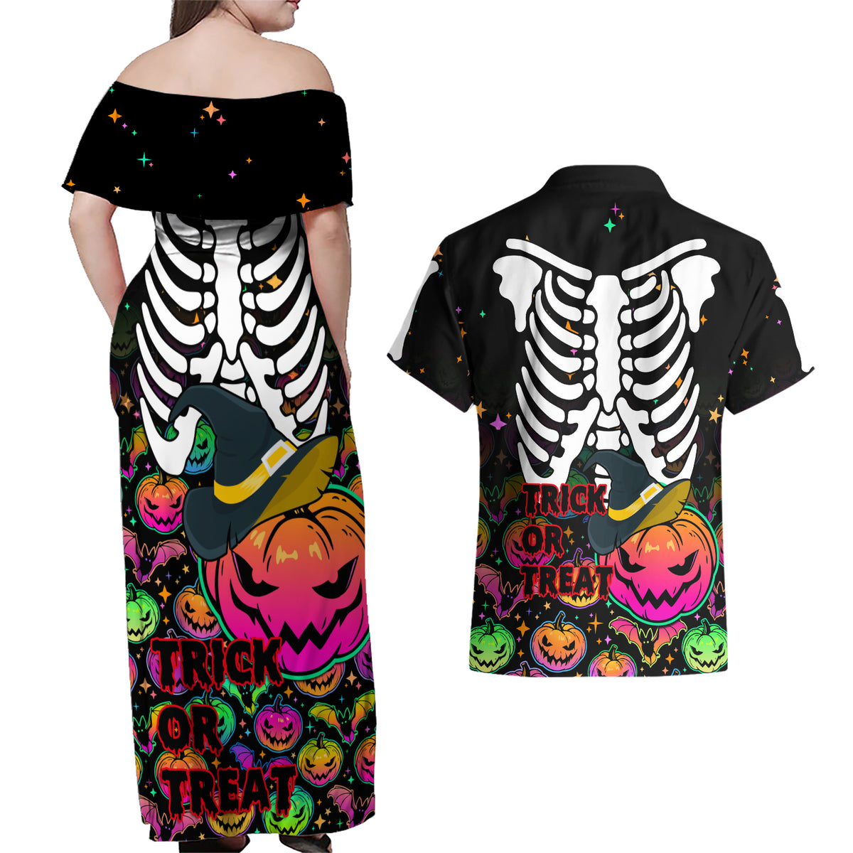 Halloween Skeleton Couples Matching Off Shoulder Maxi Dress and Hawaiian Shirt Trick or Treat Witch Pumpkin Colorful - Wonder Print Shop