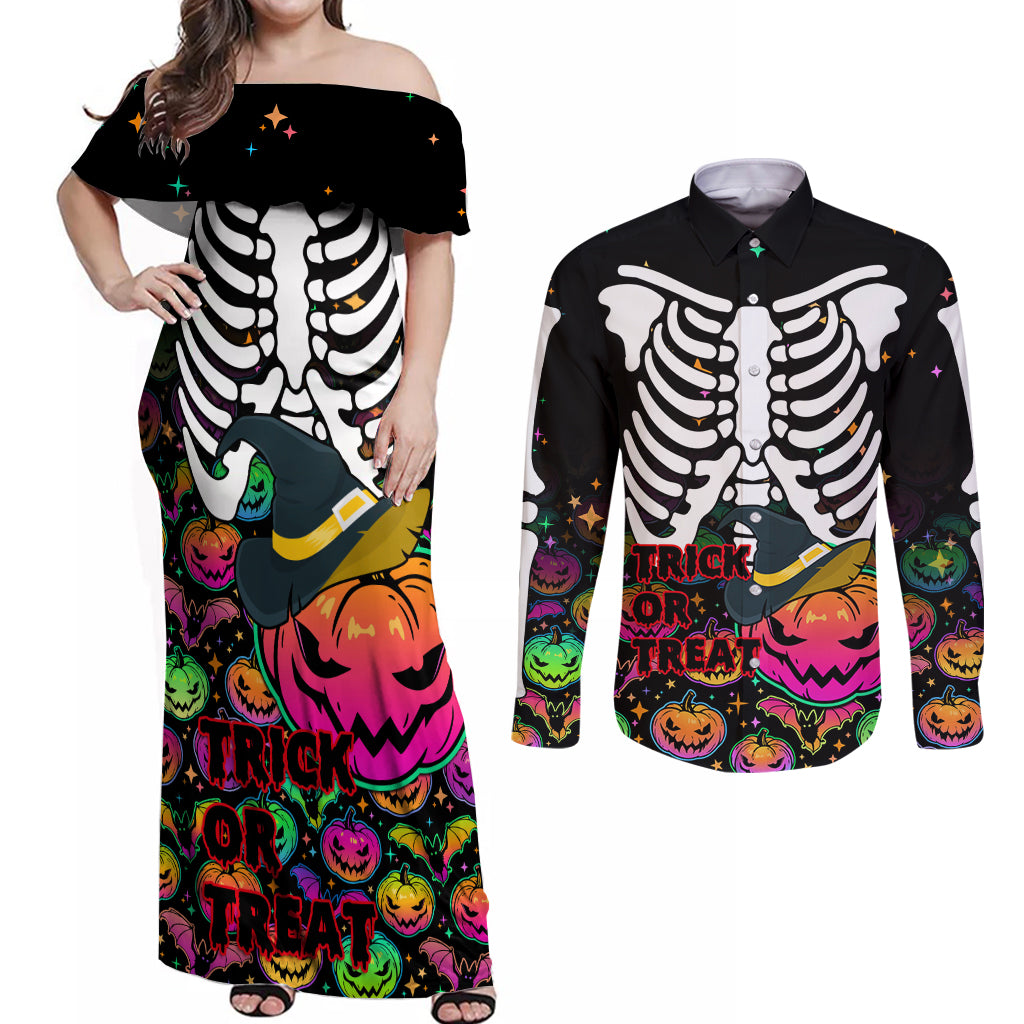 Halloween Skeleton Couples Matching Off Shoulder Maxi Dress and Long Sleeve Button Shirts Trick or Treat Witch Pumpkin Colorful - Wonder Print Shop