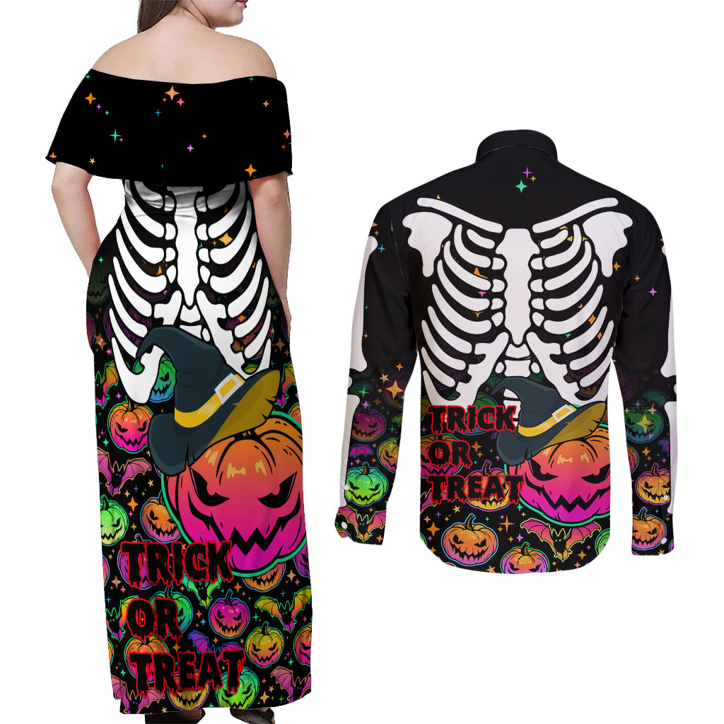 Halloween Skeleton Couples Matching Off Shoulder Maxi Dress and Long Sleeve Button Shirts Trick or Treat Witch Pumpkin Colorful - Wonder Print Shop