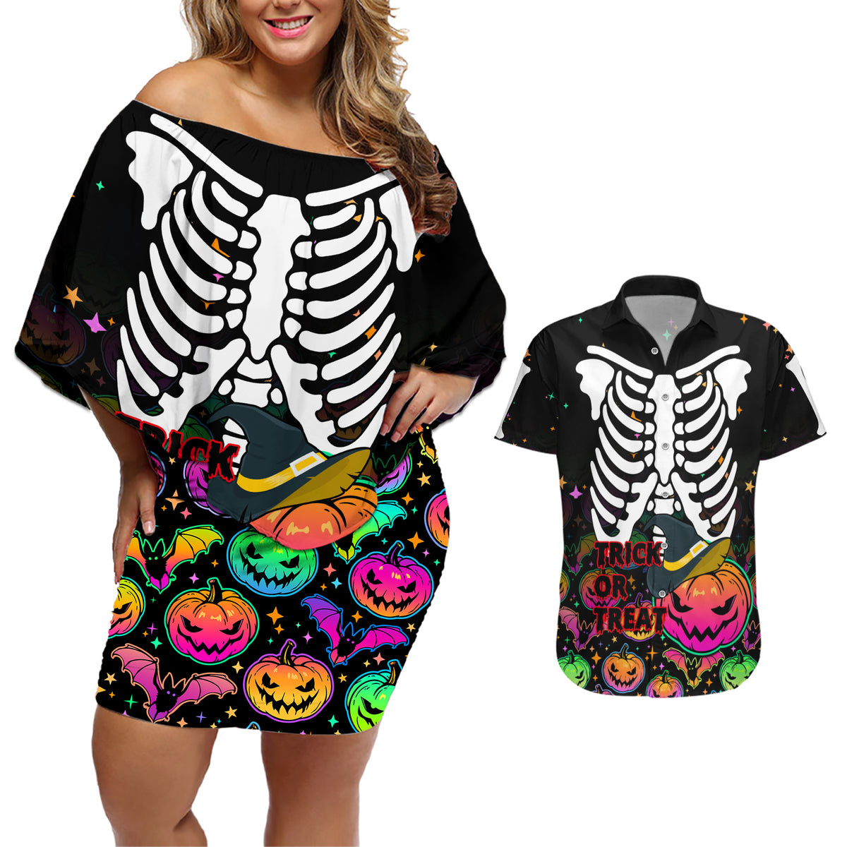Halloween Skeleton Couples Matching Off Shoulder Short Dress and Hawaiian Shirt Trick or Treat Witch Pumpkin Colorful - Wonder Print Shop
