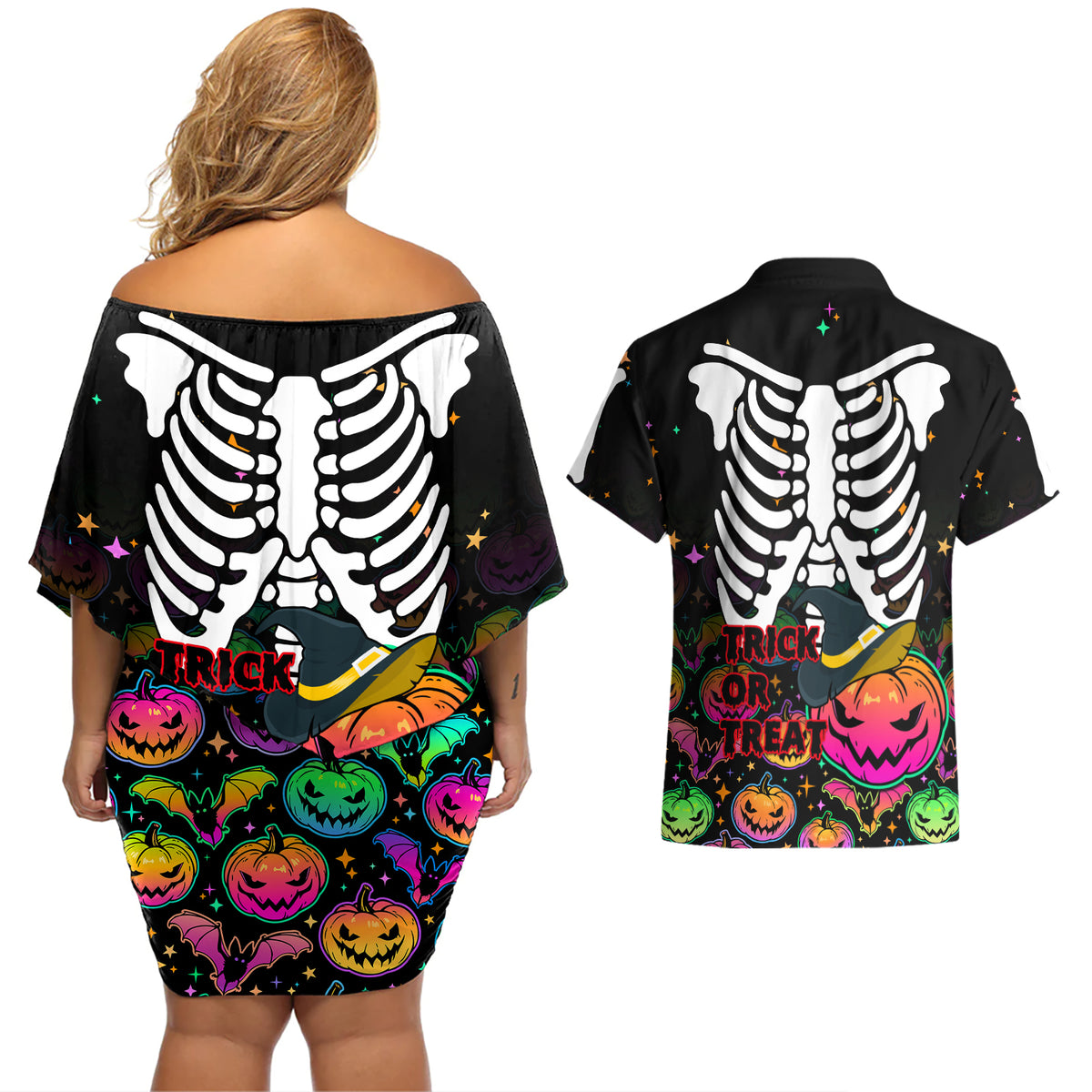 Halloween Skeleton Couples Matching Off Shoulder Short Dress and Hawaiian Shirt Trick or Treat Witch Pumpkin Colorful - Wonder Print Shop
