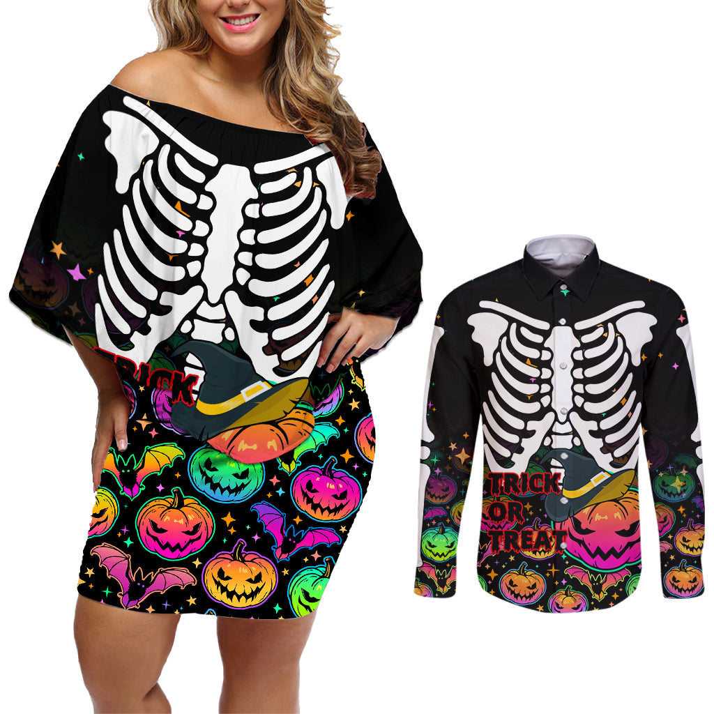 Halloween Skeleton Couples Matching Off Shoulder Short Dress and Long Sleeve Button Shirts Trick or Treat Witch Pumpkin Colorful - Wonder Print Shop