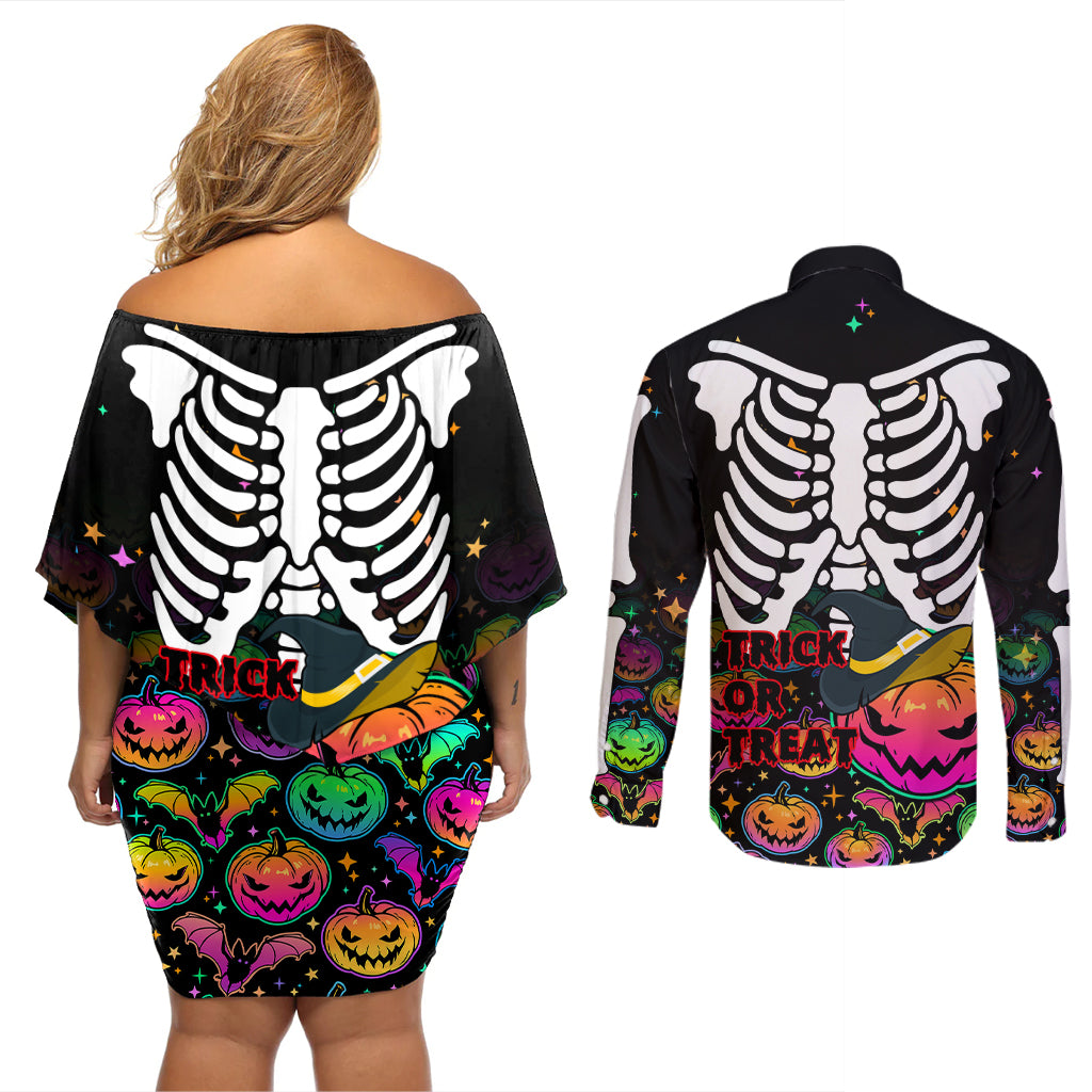 Halloween Skeleton Couples Matching Off Shoulder Short Dress and Long Sleeve Button Shirts Trick or Treat Witch Pumpkin Colorful - Wonder Print Shop