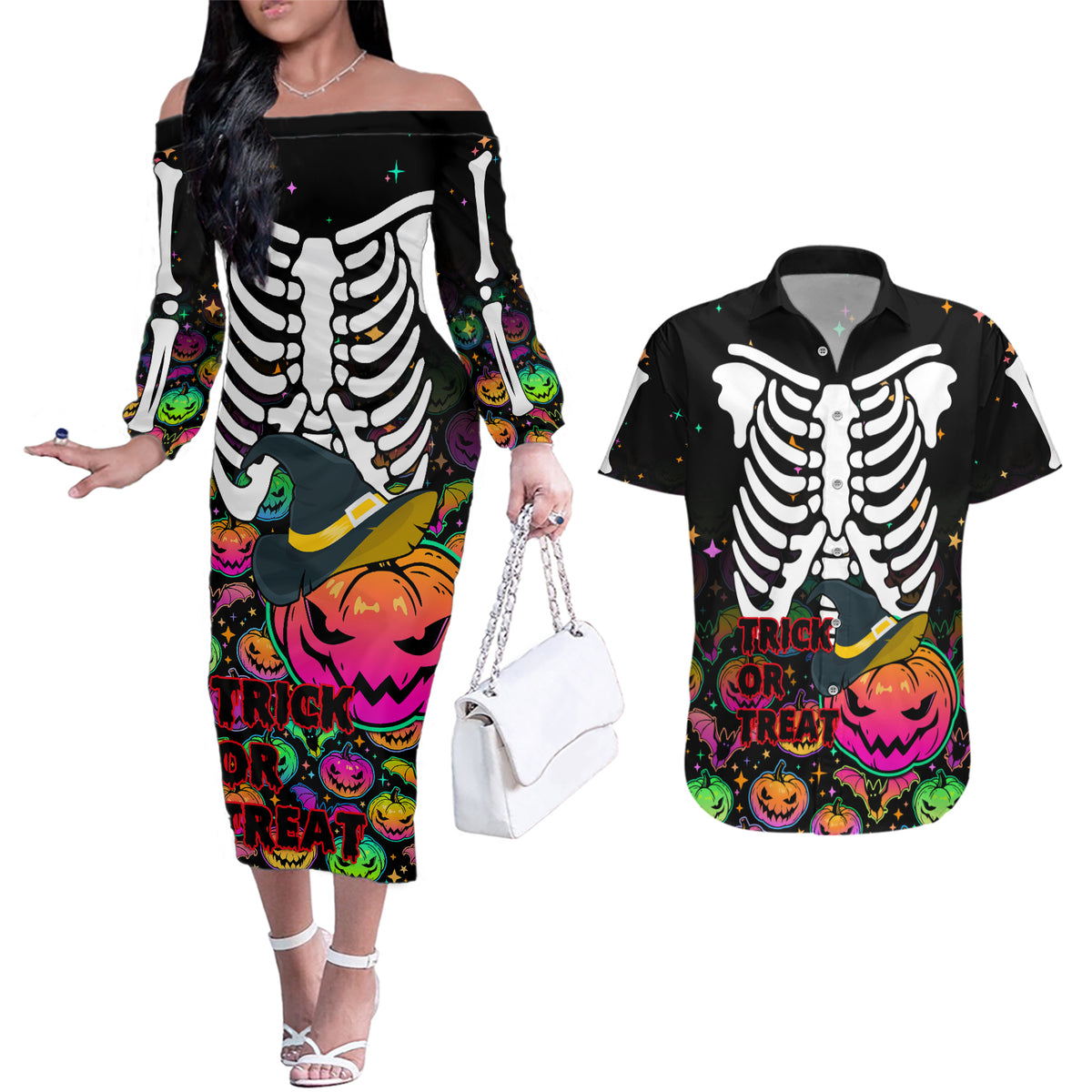 Halloween Skeleton Couples Matching Off The Shoulder Long Sleeve Dress and Hawaiian Shirt Trick or Treat Witch Pumpkin Colorful - Wonder Print Shop