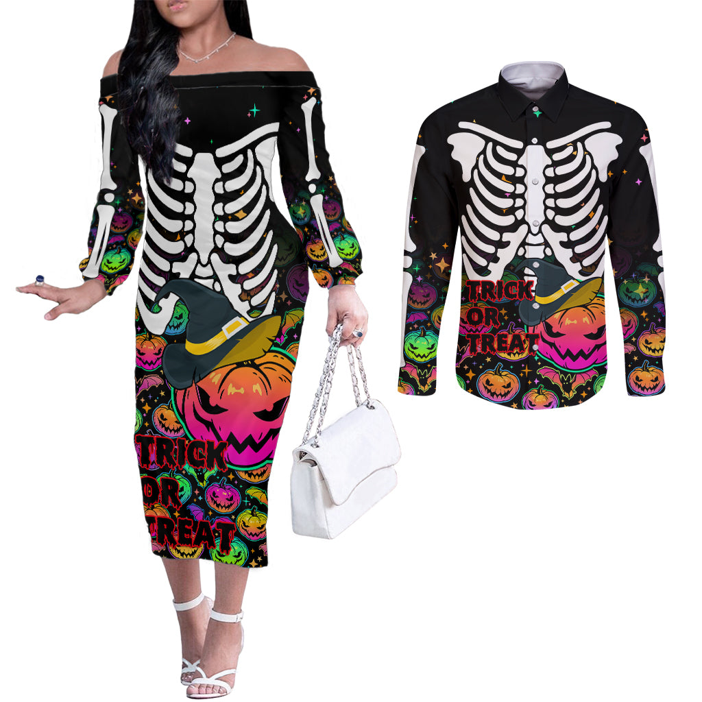 halloween-skeleton-couples-matching-off-the-shoulder-long-sleeve-dress-and-long-sleeve-button-shirts-trick-or-treat-witch-pumpkin-colorful