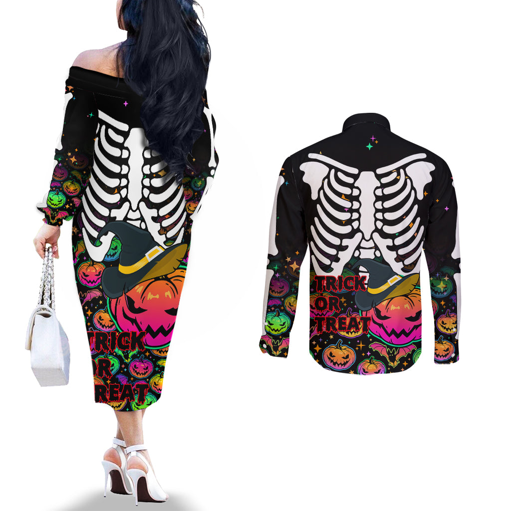 halloween-skeleton-couples-matching-off-the-shoulder-long-sleeve-dress-and-long-sleeve-button-shirts-trick-or-treat-witch-pumpkin-colorful