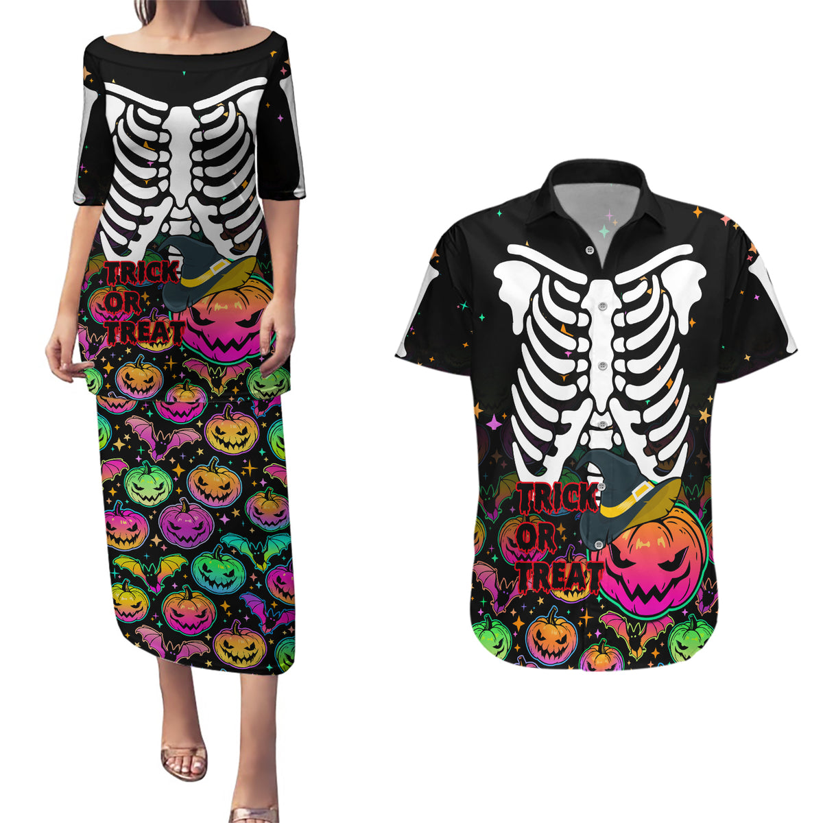 Halloween Skeleton Couples Matching Puletasi Dress and Hawaiian Shirt Trick or Treat Witch Pumpkin Colorful - Wonder Print Shop