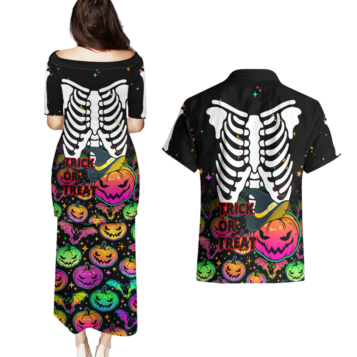 Halloween Skeleton Couples Matching Puletasi Dress and Hawaiian Shirt Trick or Treat Witch Pumpkin Colorful - Wonder Print Shop