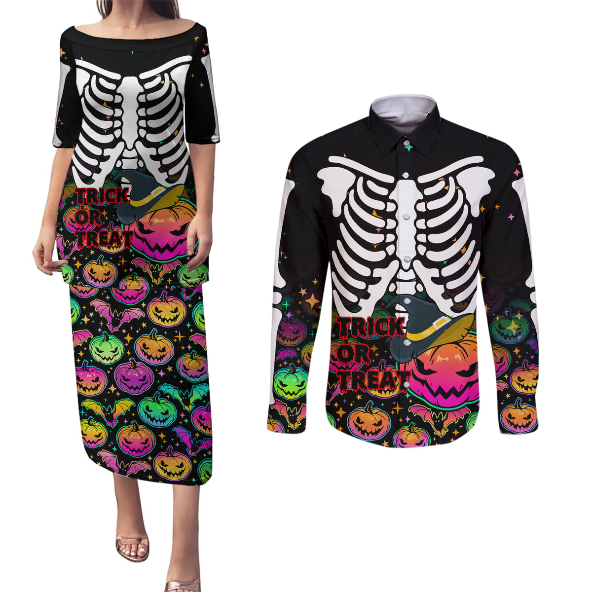 Halloween Skeleton Couples Matching Puletasi Dress and Long Sleeve Button Shirts Trick or Treat Witch Pumpkin Colorful - Wonder Print Shop