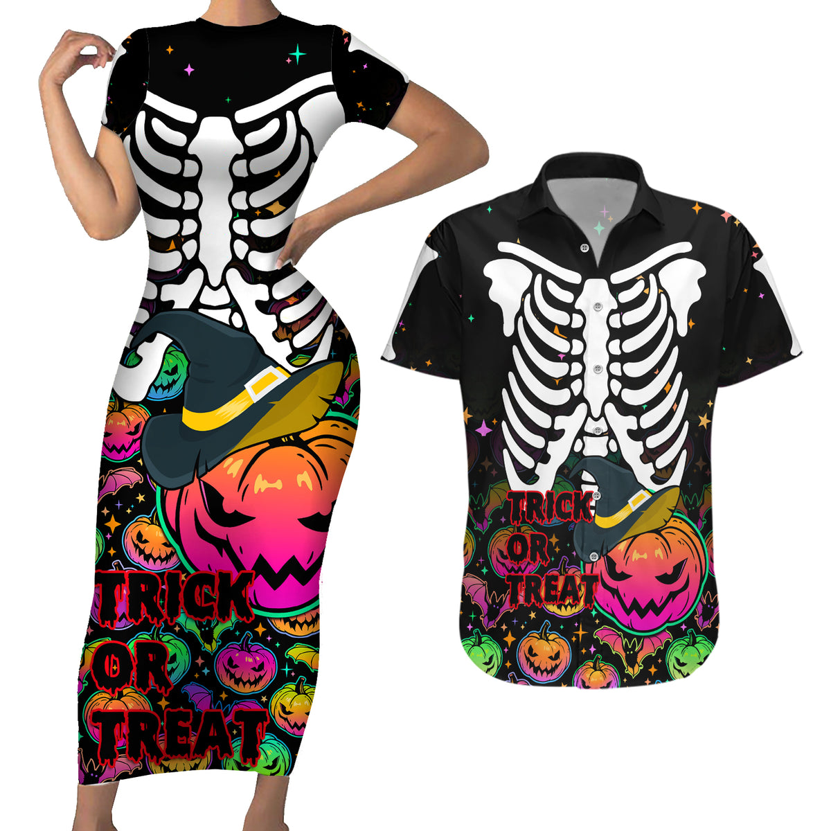 Halloween Skeleton Couples Matching Short Sleeve Bodycon Dress and Hawaiian Shirt Trick or Treat Witch Pumpkin Colorful - Wonder Print Shop