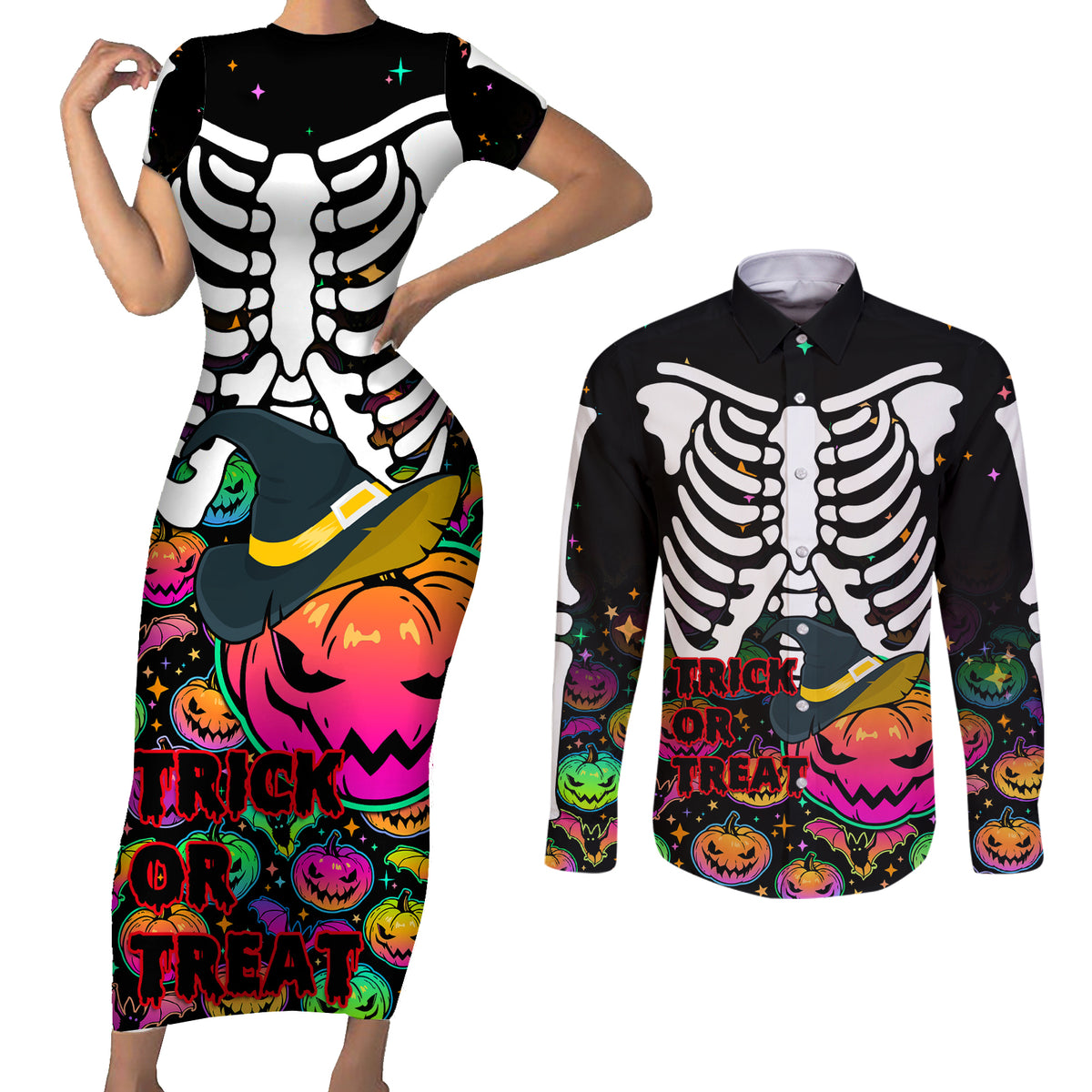 Halloween Skeleton Couples Matching Short Sleeve Bodycon Dress and Long Sleeve Button Shirts Trick or Treat Witch Pumpkin Colorful - Wonder Print Shop