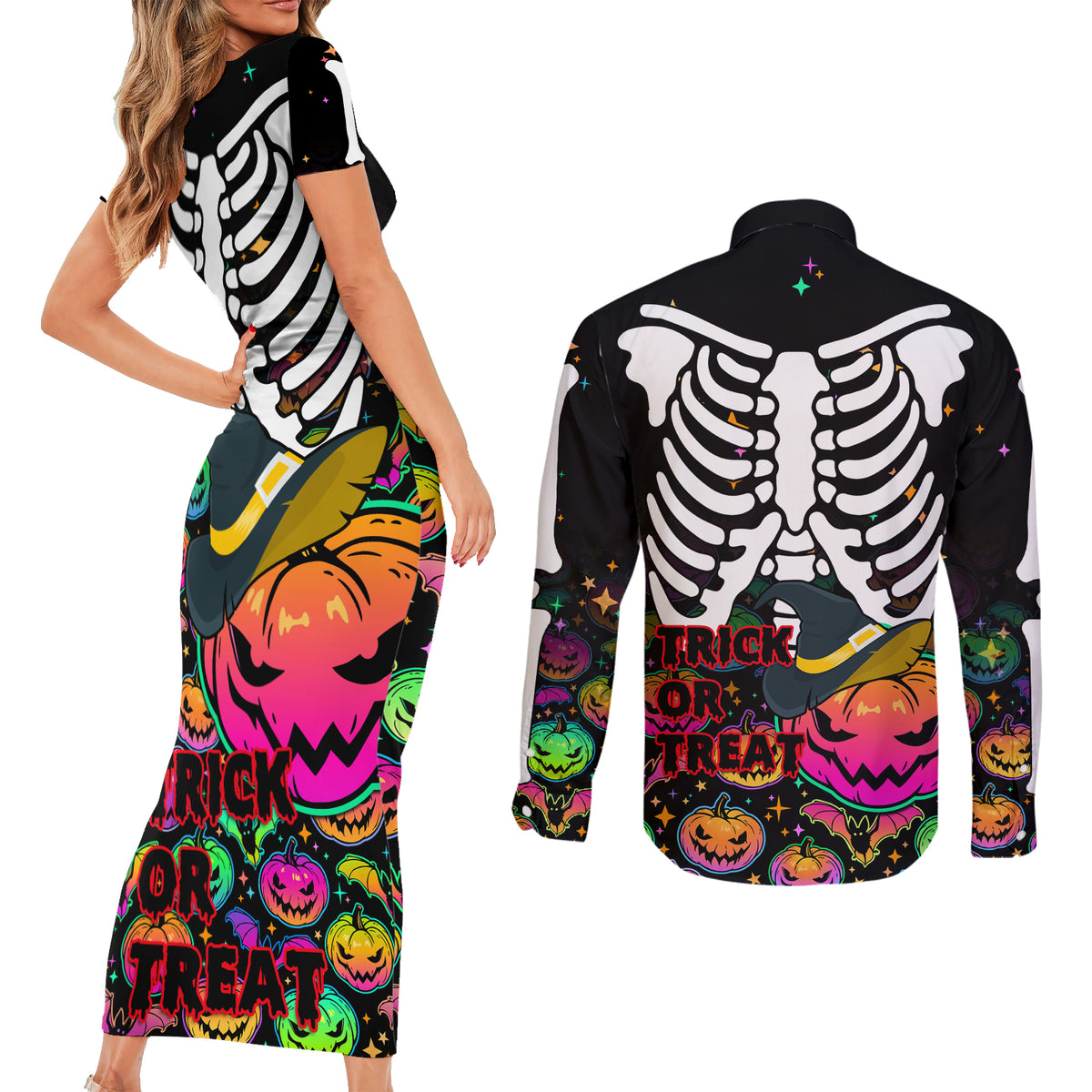 Halloween Skeleton Couples Matching Short Sleeve Bodycon Dress and Long Sleeve Button Shirts Trick or Treat Witch Pumpkin Colorful - Wonder Print Shop