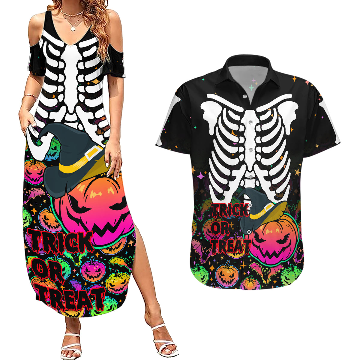 Halloween Skeleton Couples Matching Summer Maxi Dress and Hawaiian Shirt Trick or Treat Witch Pumpkin Colorful - Wonder Print Shop
