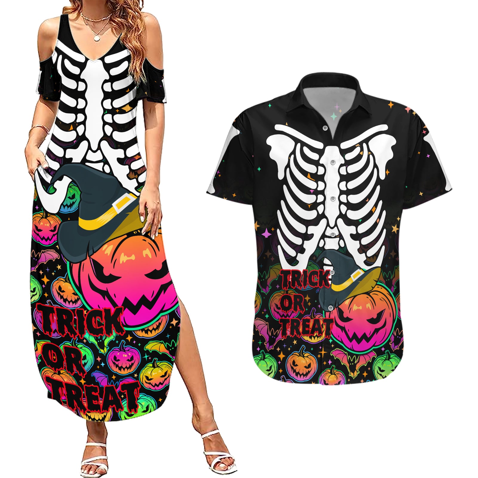 Halloween Skeleton Couples Matching Summer Maxi Dress and Hawaiian Shirt Trick or Treat Witch Pumpkin Colorful - Wonder Print Shop