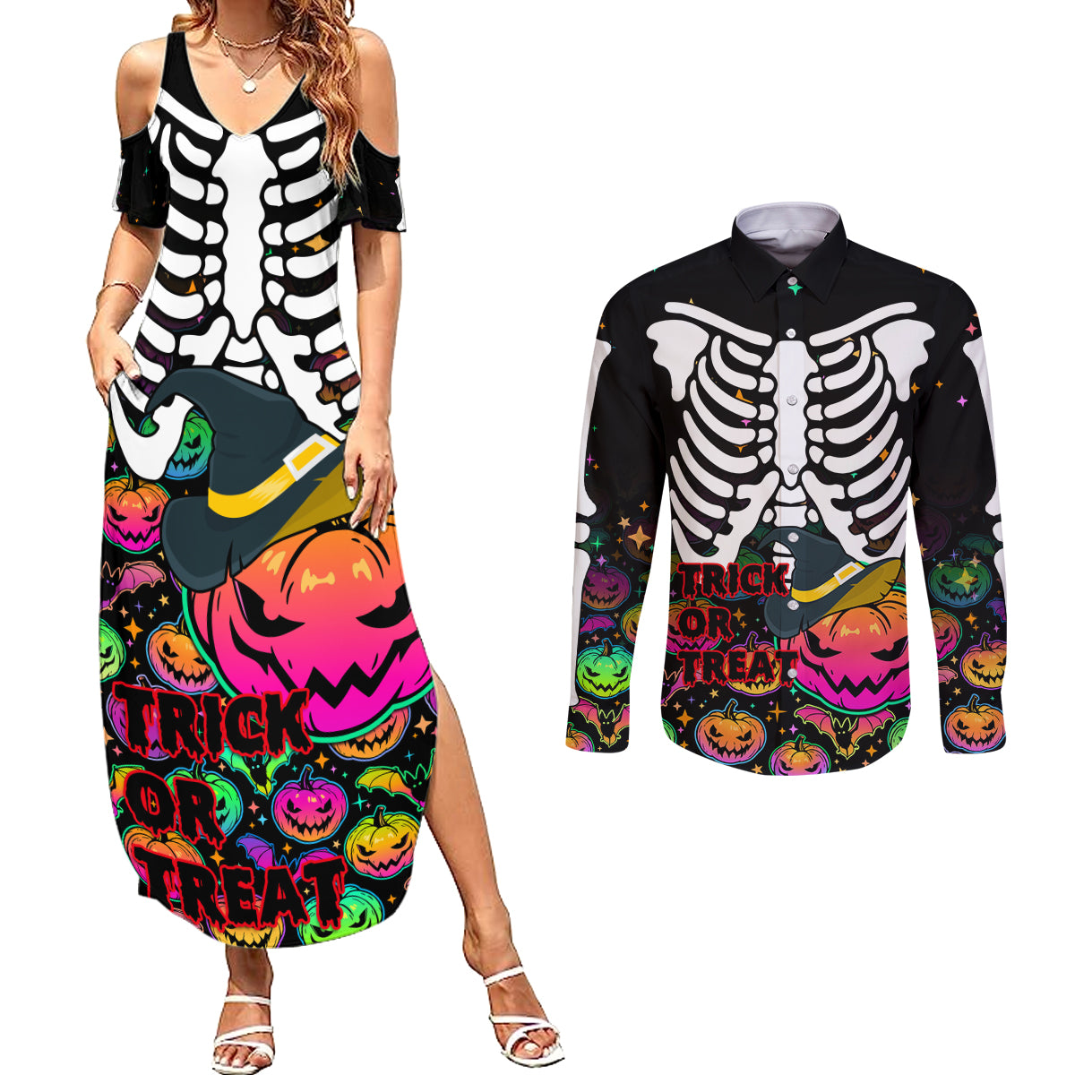 Halloween Skeleton Couples Matching Summer Maxi Dress and Long Sleeve Button Shirts Trick or Treat Witch Pumpkin Colorful - Wonder Print Shop