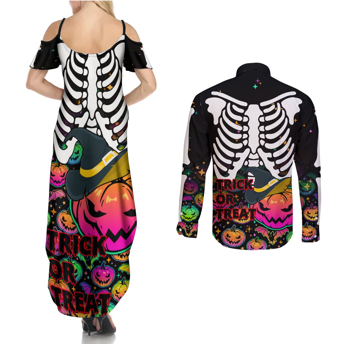 Halloween Skeleton Couples Matching Summer Maxi Dress and Long Sleeve Button Shirts Trick or Treat Witch Pumpkin Colorful - Wonder Print Shop