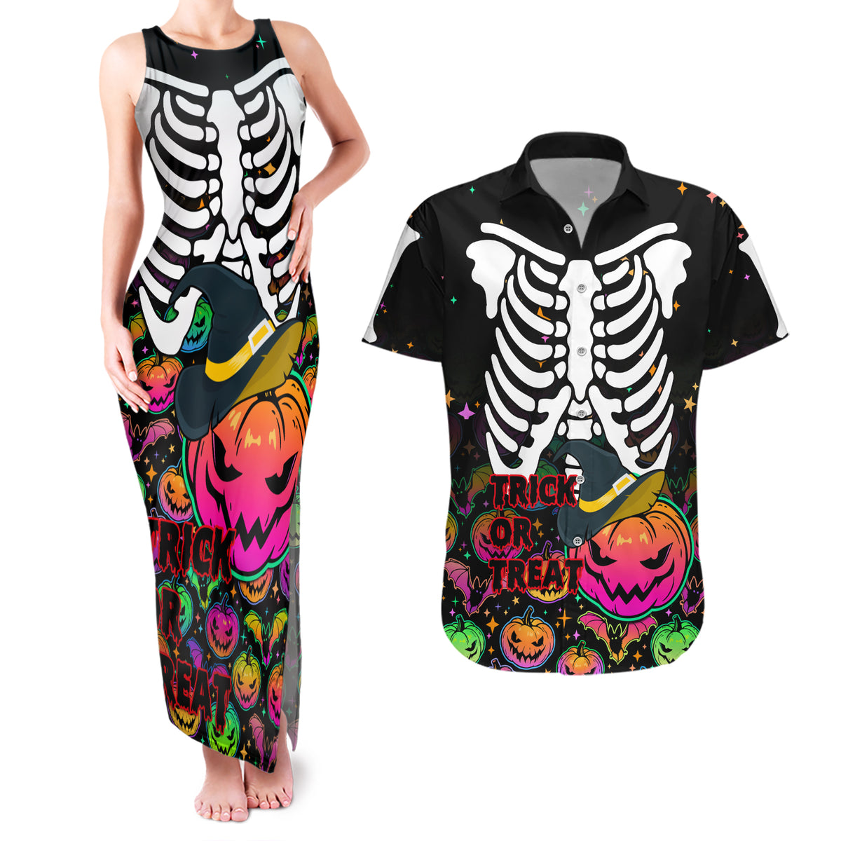 Halloween Skeleton Couples Matching Tank Maxi Dress and Hawaiian Shirt Trick or Treat Witch Pumpkin Colorful - Wonder Print Shop