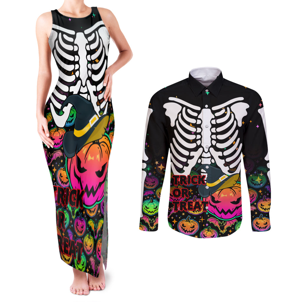 Halloween Skeleton Couples Matching Tank Maxi Dress and Long Sleeve Button Shirts Trick or Treat Witch Pumpkin Colorful - Wonder Print Shop