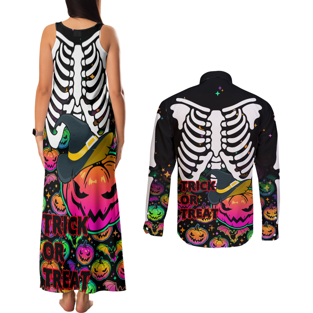 Halloween Skeleton Couples Matching Tank Maxi Dress and Long Sleeve Button Shirts Trick or Treat Witch Pumpkin Colorful - Wonder Print Shop