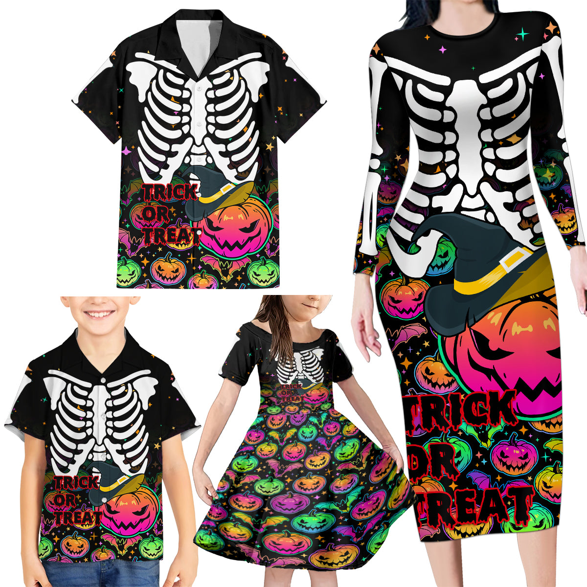Halloween Skeleton Family Matching Long Sleeve Bodycon Dress and Hawaiian Shirt Trick or Treat Witch Pumpkin Colorful - Wonder Print Shop