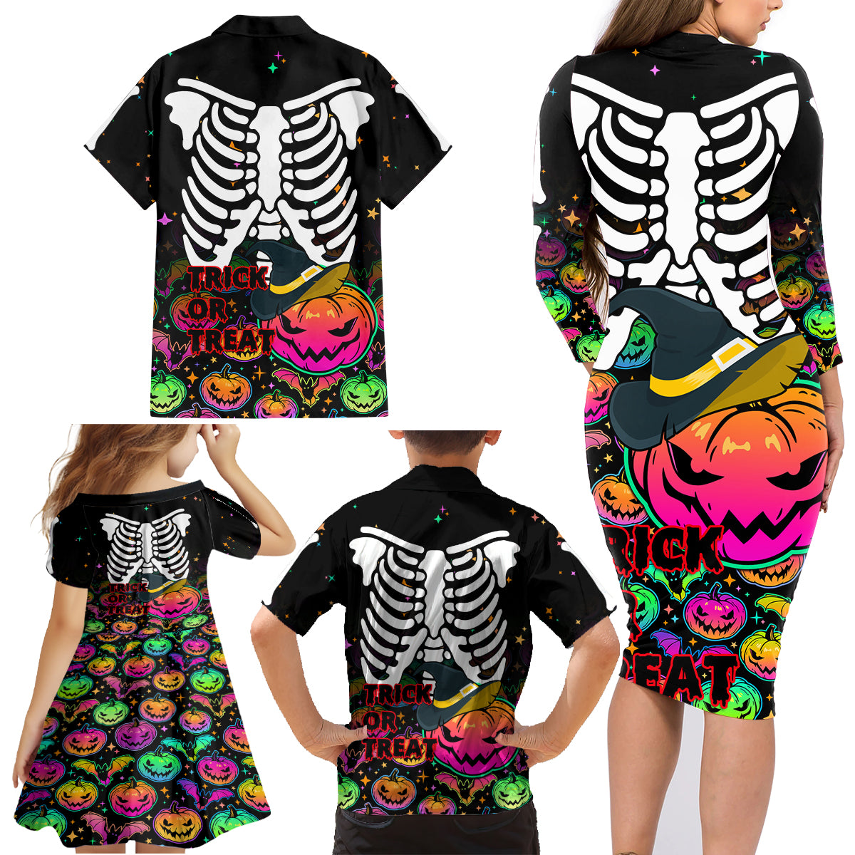 Halloween Skeleton Family Matching Long Sleeve Bodycon Dress and Hawaiian Shirt Trick or Treat Witch Pumpkin Colorful - Wonder Print Shop