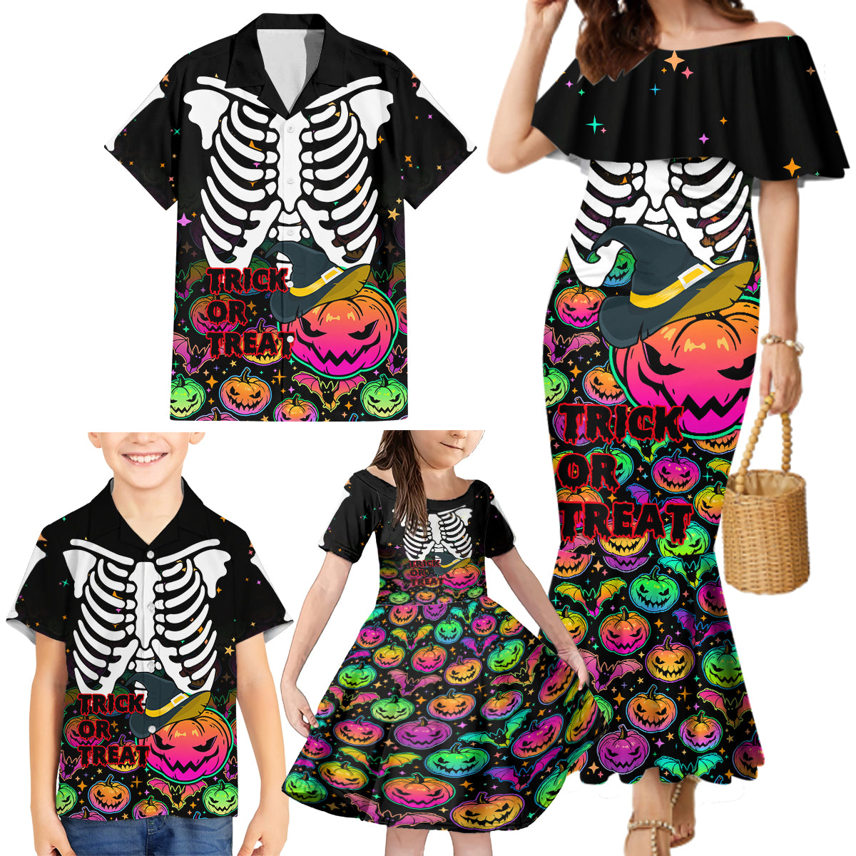 Halloween Skeleton Family Matching Mermaid Dress and Hawaiian Shirt Trick or Treat Witch Pumpkin Colorful - Wonder Print Shop