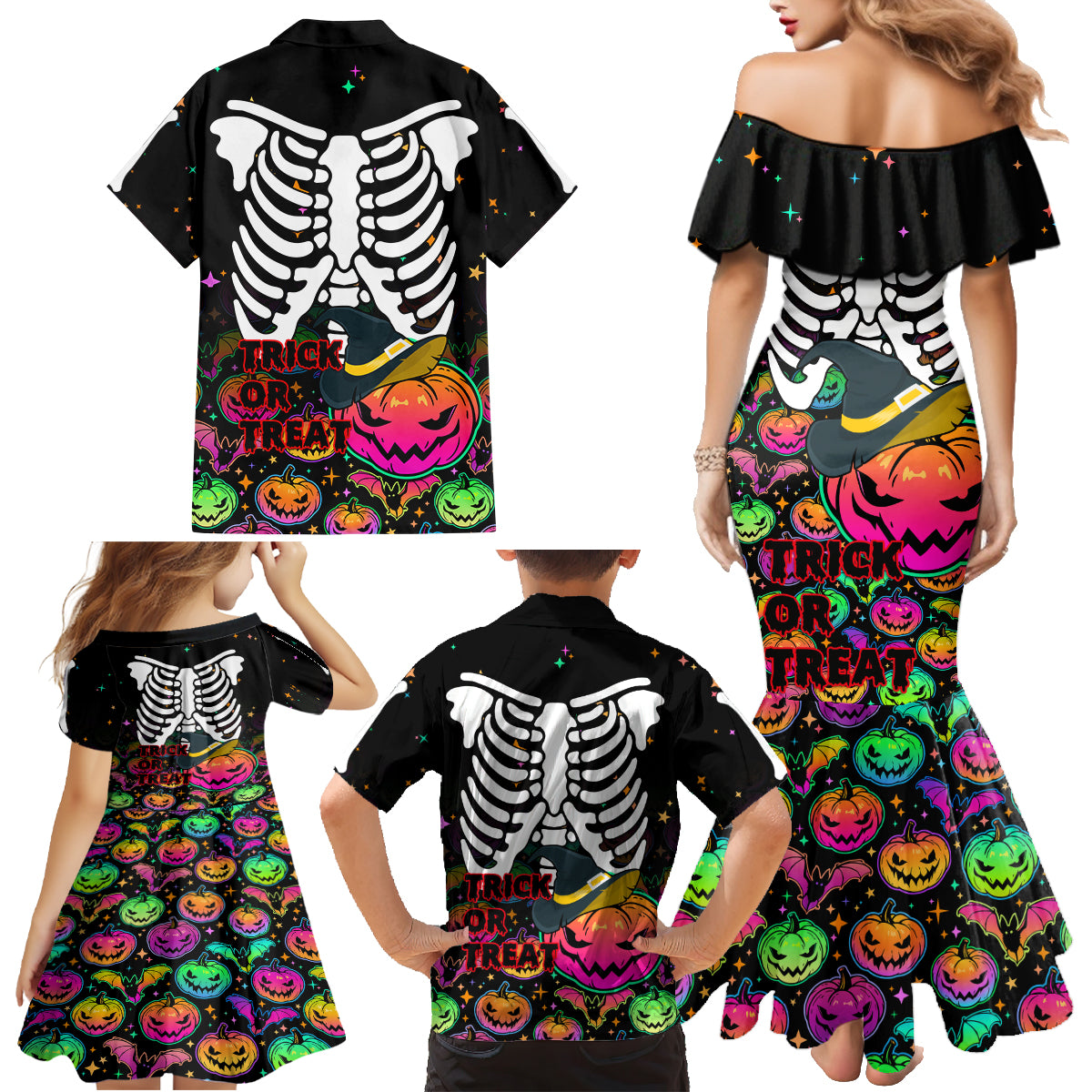 Halloween Skeleton Family Matching Mermaid Dress and Hawaiian Shirt Trick or Treat Witch Pumpkin Colorful - Wonder Print Shop