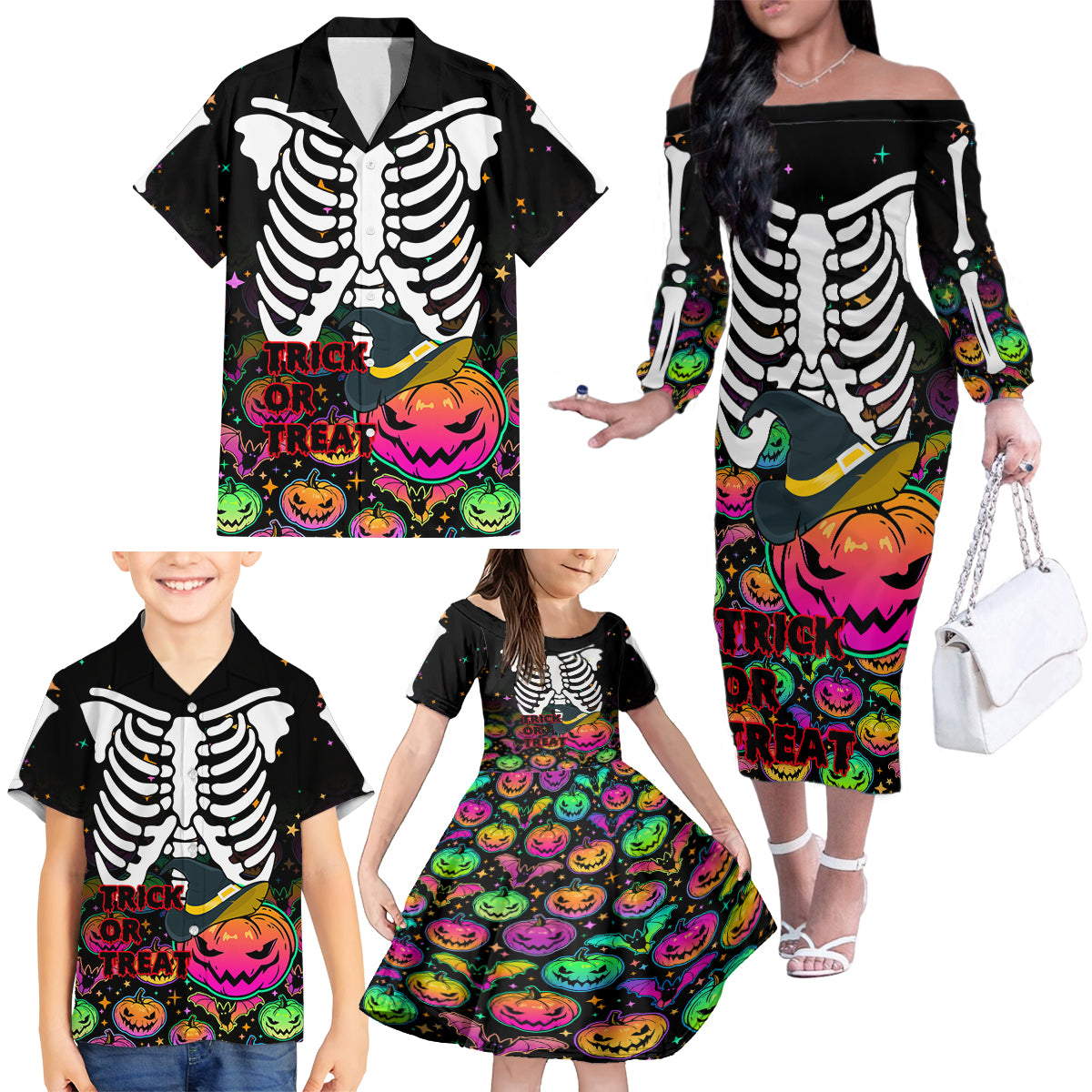 Halloween Skeleton Family Matching Off Shoulder Long Sleeve Dress and Hawaiian Shirt Trick or Treat Witch Pumpkin Colorful - Wonder Print Shop
