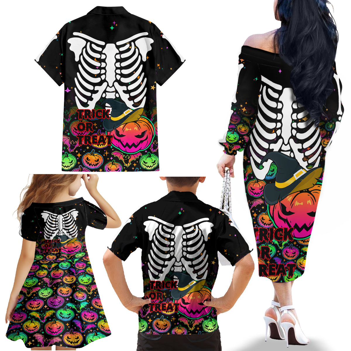 Halloween Skeleton Family Matching Off Shoulder Long Sleeve Dress and Hawaiian Shirt Trick or Treat Witch Pumpkin Colorful - Wonder Print Shop