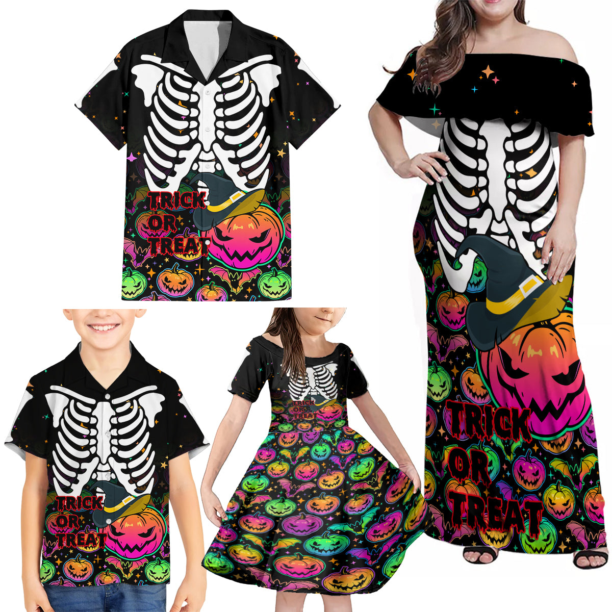 Halloween Skeleton Family Matching Off Shoulder Maxi Dress and Hawaiian Shirt Trick or Treat Witch Pumpkin Colorful - Wonder Print Shop