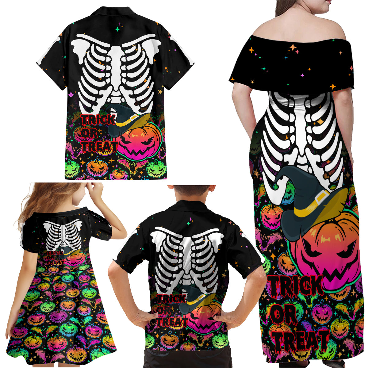 Halloween Skeleton Family Matching Off Shoulder Maxi Dress and Hawaiian Shirt Trick or Treat Witch Pumpkin Colorful - Wonder Print Shop