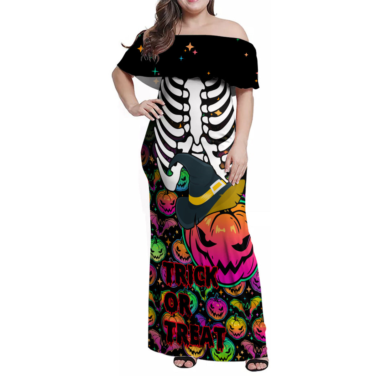 Halloween Skeleton Family Matching Off Shoulder Maxi Dress and Hawaiian Shirt Trick or Treat Witch Pumpkin Colorful - Wonder Print Shop