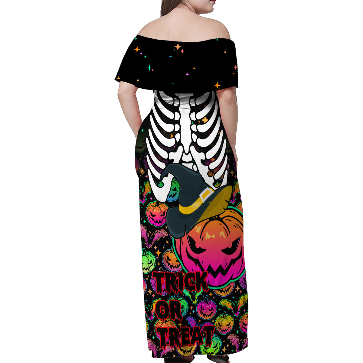 Halloween Skeleton Family Matching Off Shoulder Maxi Dress and Hawaiian Shirt Trick or Treat Witch Pumpkin Colorful - Wonder Print Shop