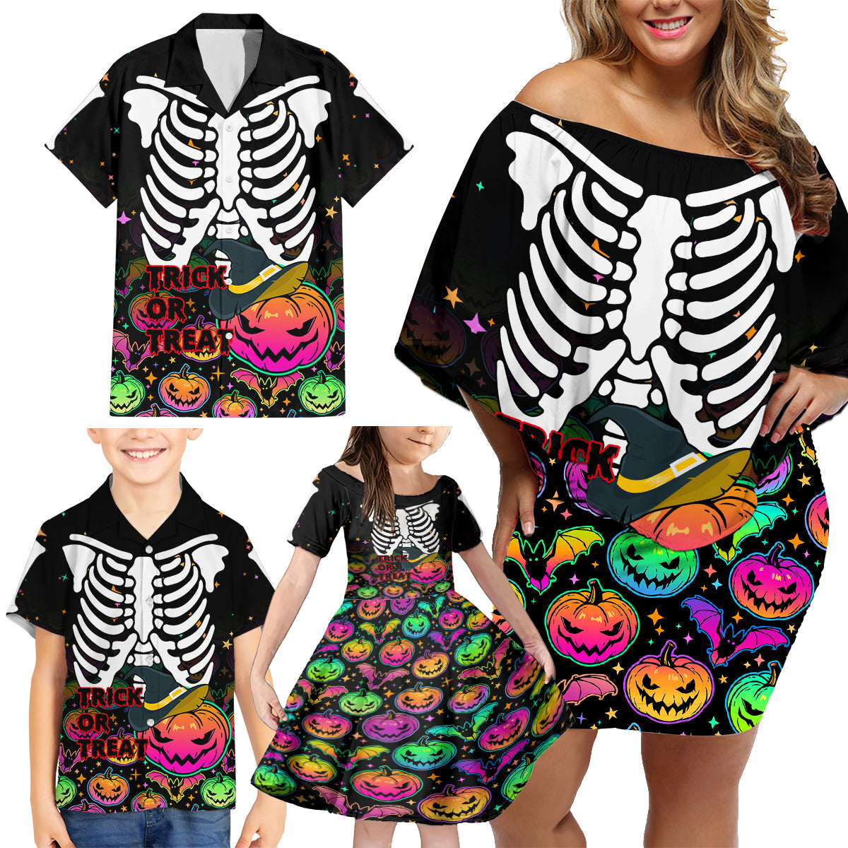 Halloween Skeleton Family Matching Off Shoulder Short Dress and Hawaiian Shirt Trick or Treat Witch Pumpkin Colorful - Wonder Print Shop