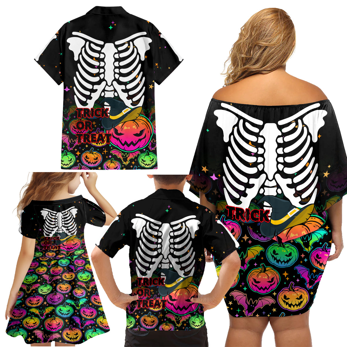 Halloween Skeleton Family Matching Off Shoulder Short Dress and Hawaiian Shirt Trick or Treat Witch Pumpkin Colorful - Wonder Print Shop
