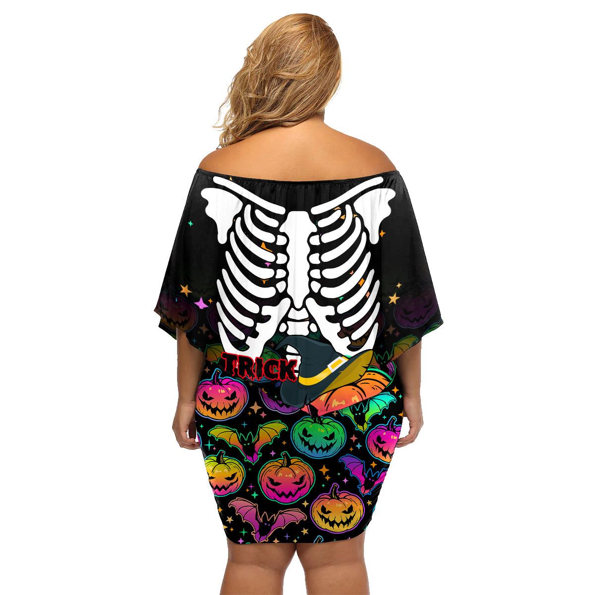 Halloween Skeleton Family Matching Off Shoulder Short Dress and Hawaiian Shirt Trick or Treat Witch Pumpkin Colorful - Wonder Print Shop
