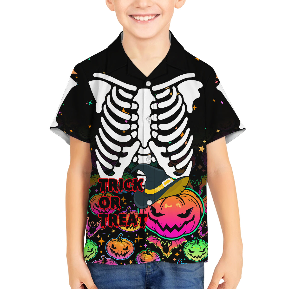 Halloween Skeleton Family Matching Off Shoulder Short Dress and Hawaiian Shirt Trick or Treat Witch Pumpkin Colorful - Wonder Print Shop