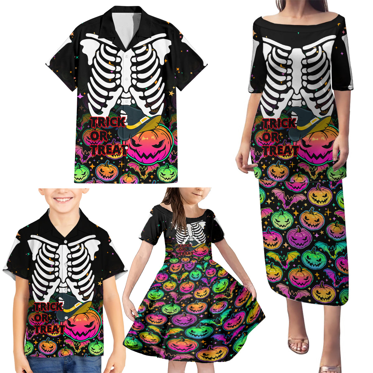Halloween Skeleton Family Matching Puletasi Dress and Hawaiian Shirt Trick or Treat Witch Pumpkin Colorful - Wonder Print Shop