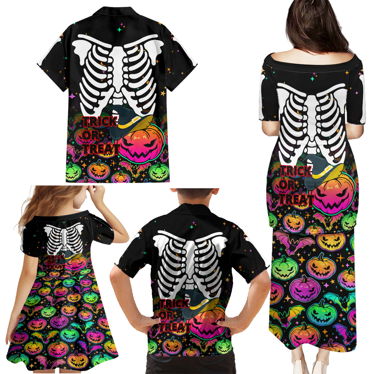 Halloween Skeleton Family Matching Puletasi Dress and Hawaiian Shirt Trick or Treat Witch Pumpkin Colorful - Wonder Print Shop