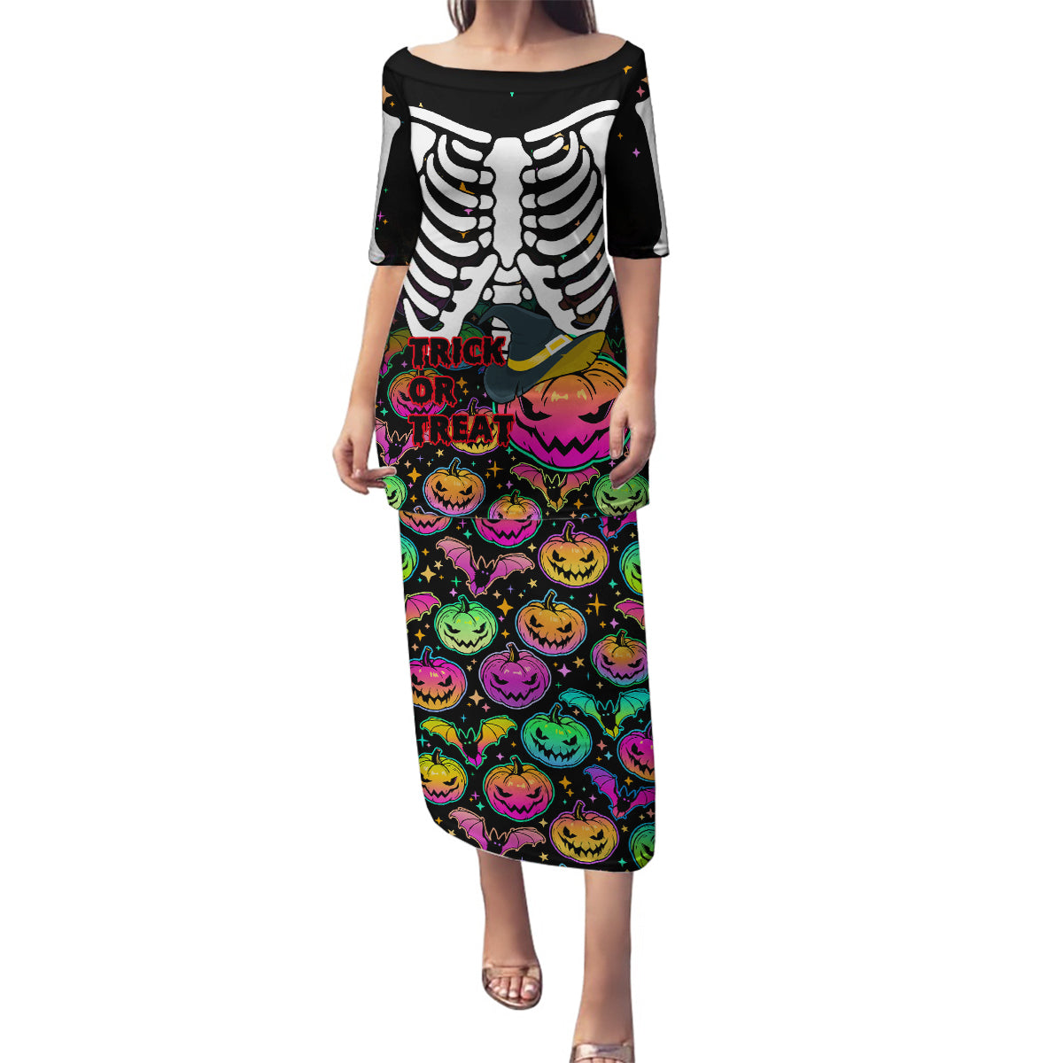 Halloween Skeleton Family Matching Puletasi Dress and Hawaiian Shirt Trick or Treat Witch Pumpkin Colorful - Wonder Print Shop