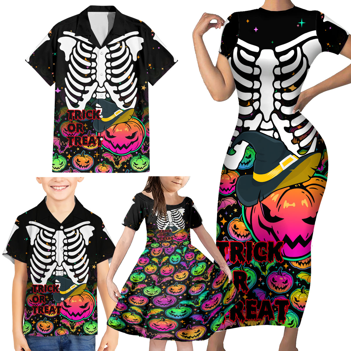 Halloween Skeleton Family Matching Short Sleeve Bodycon Dress and Hawaiian Shirt Trick or Treat Witch Pumpkin Colorful - Wonder Print Shop