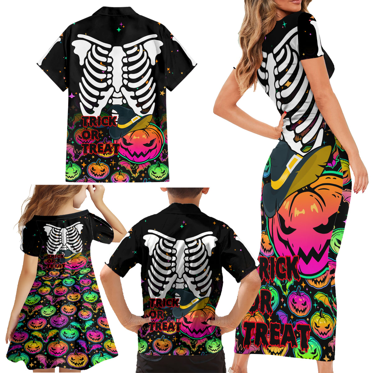 Halloween Skeleton Family Matching Short Sleeve Bodycon Dress and Hawaiian Shirt Trick or Treat Witch Pumpkin Colorful - Wonder Print Shop