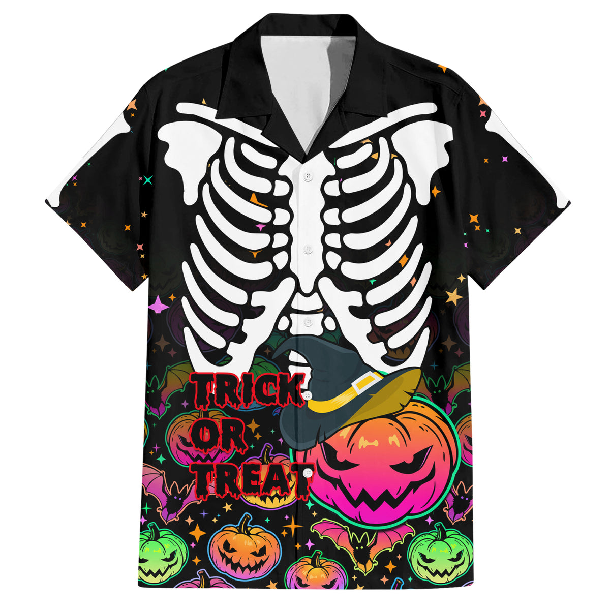 Halloween Skeleton Family Matching Short Sleeve Bodycon Dress and Hawaiian Shirt Trick or Treat Witch Pumpkin Colorful - Wonder Print Shop