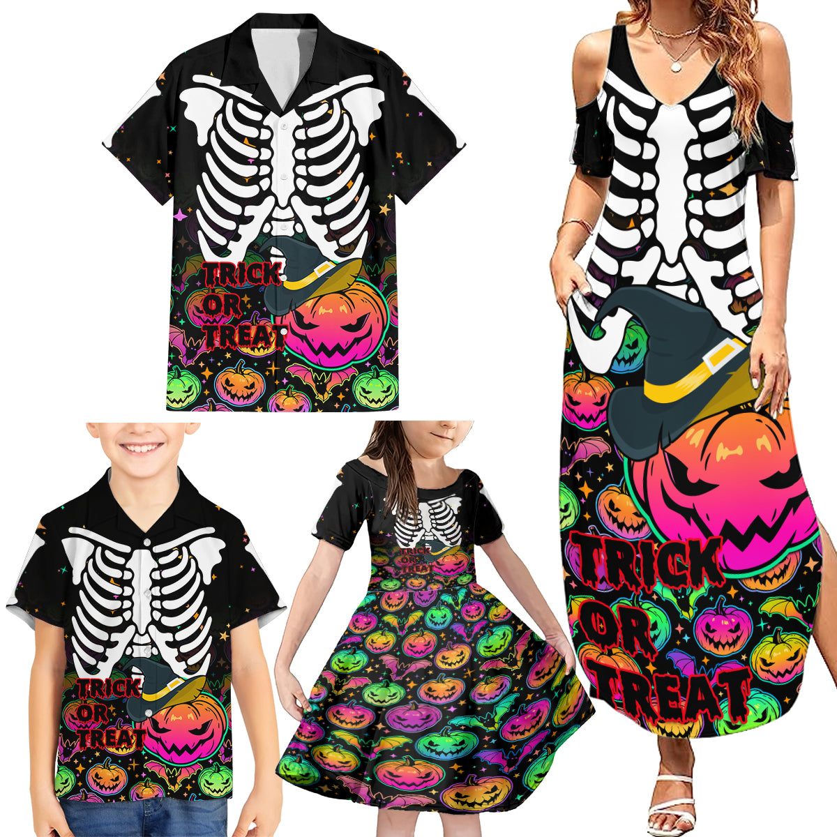 Halloween Skeleton Family Matching Summer Maxi Dress and Hawaiian Shirt Trick or Treat Witch Pumpkin Colorful - Wonder Print Shop