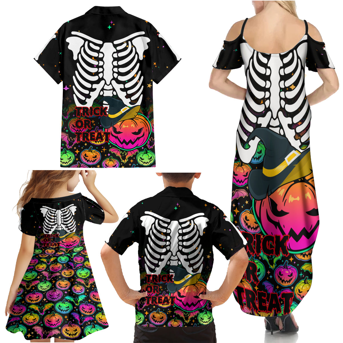 Halloween Skeleton Family Matching Summer Maxi Dress and Hawaiian Shirt Trick or Treat Witch Pumpkin Colorful - Wonder Print Shop